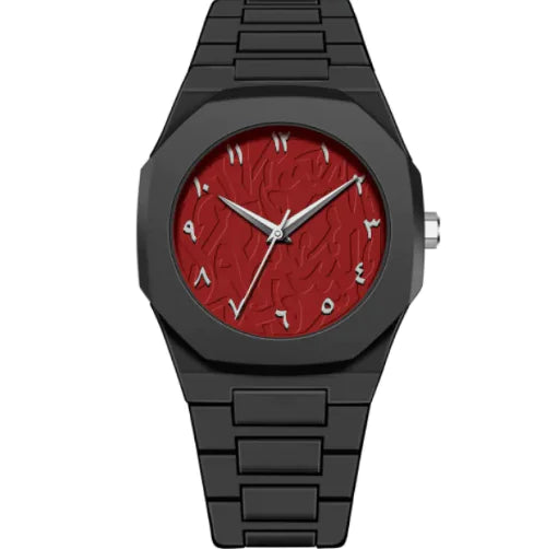 Black watch with a red face on a white background