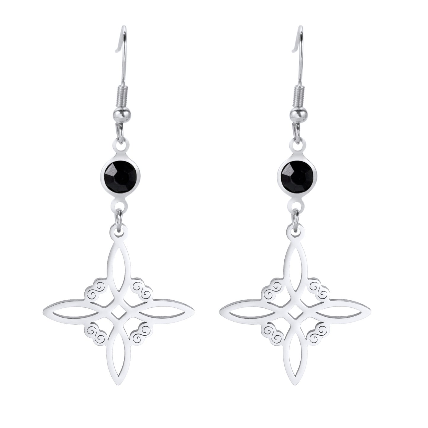 Silver earrings with black beads on a white background
