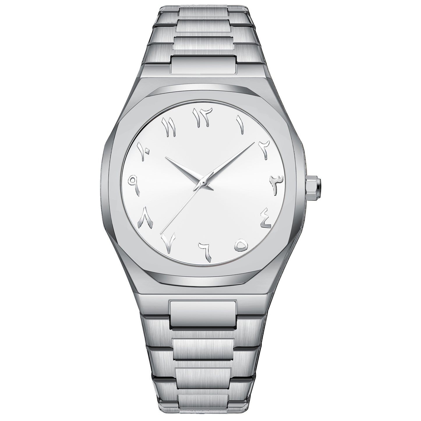 Silver watch with a white face on a white background