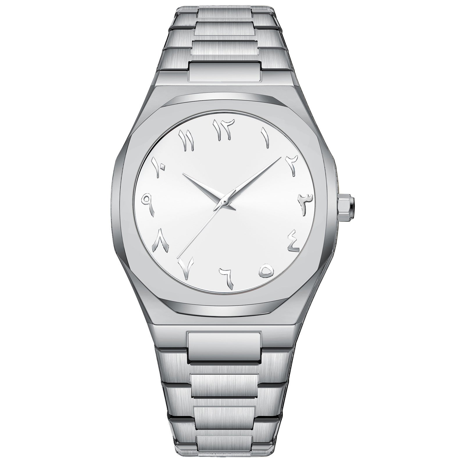 Silver watch with a white face on a white background