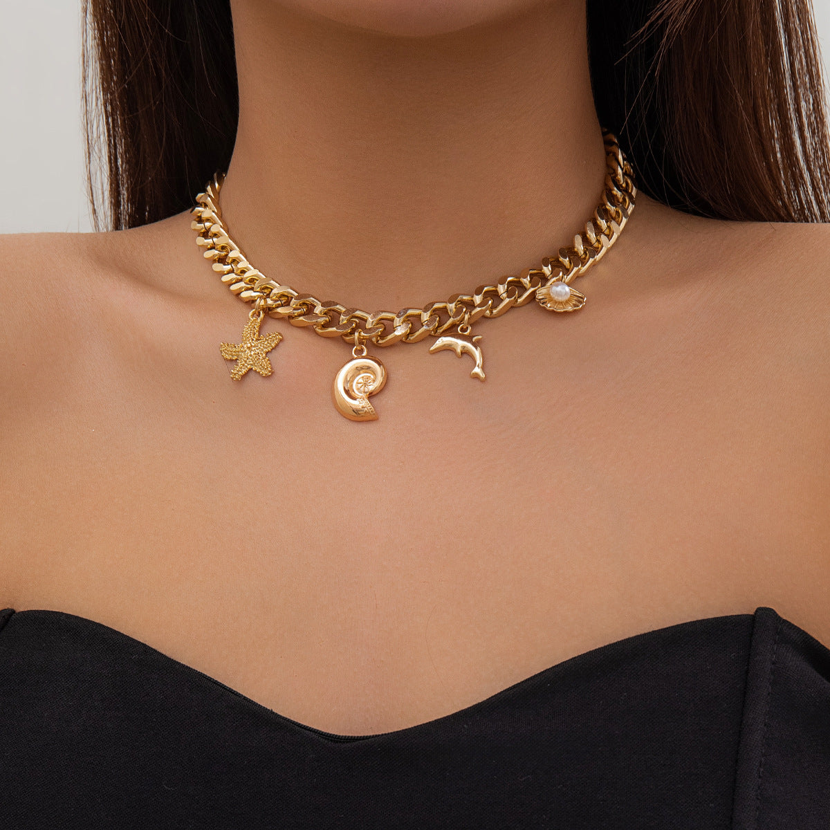 Boho Conch Dolphin Starfish Choker Necklace & Bracelet | Gold Vintage Tassel Jewelry for Women