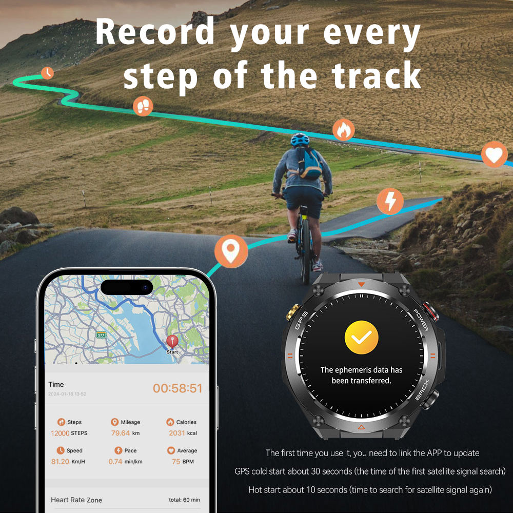 Smartwatch and phone displaying fitness tracking app with a cyclist on a scenic route.