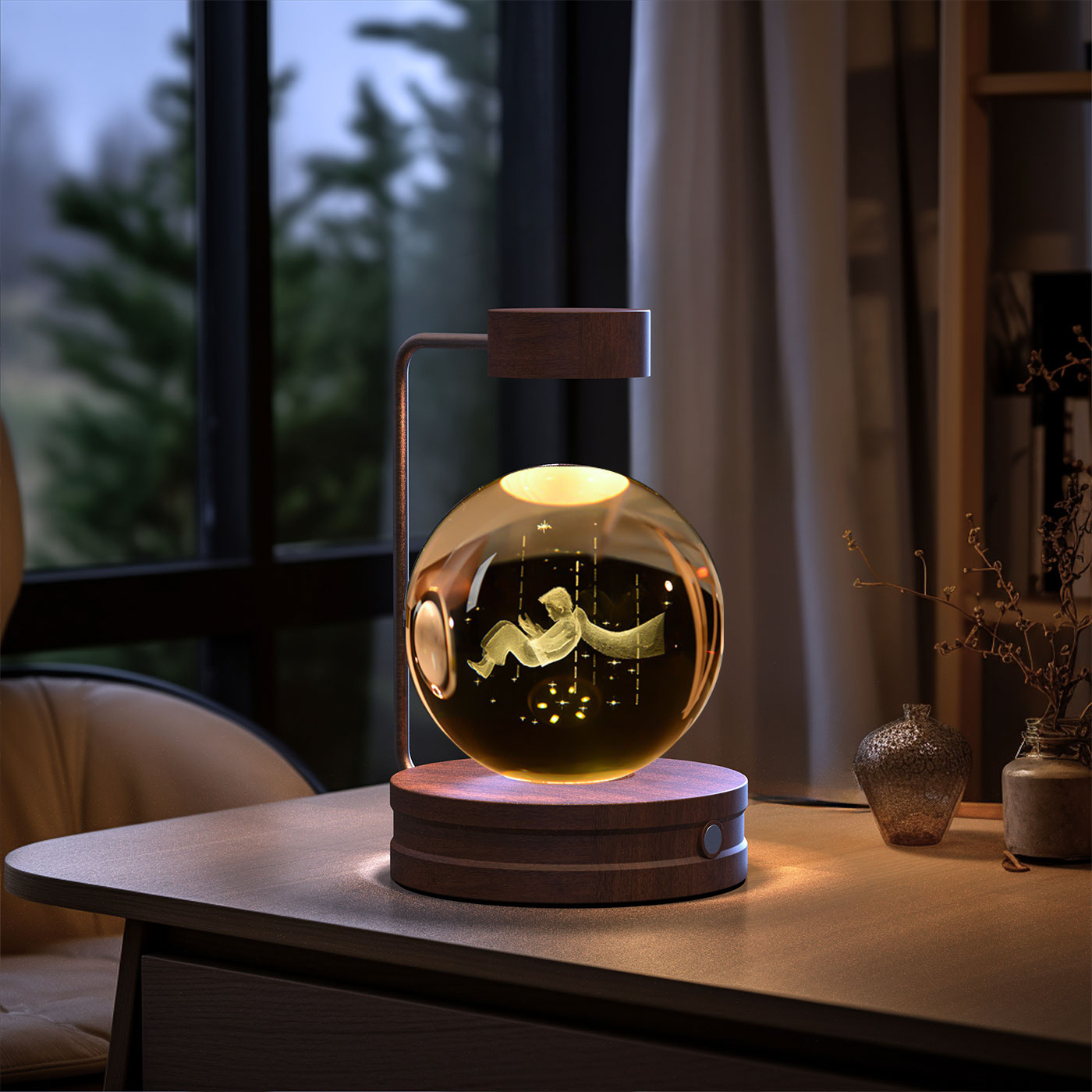 Decorative lamp with a glowing interior on a table in a room with a window and plants.