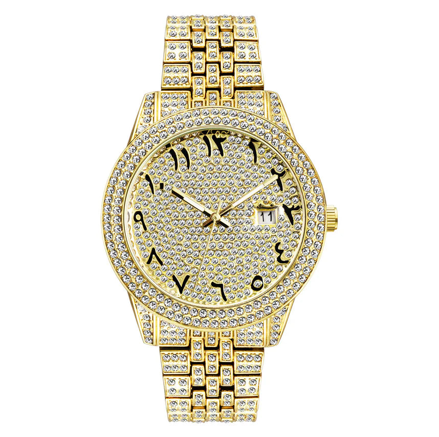 Gold watch with diamond-studded band on a white background