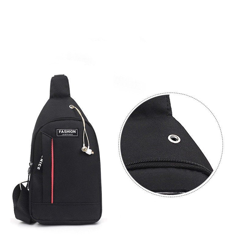 Black sling bag with a close-up detail on a white background