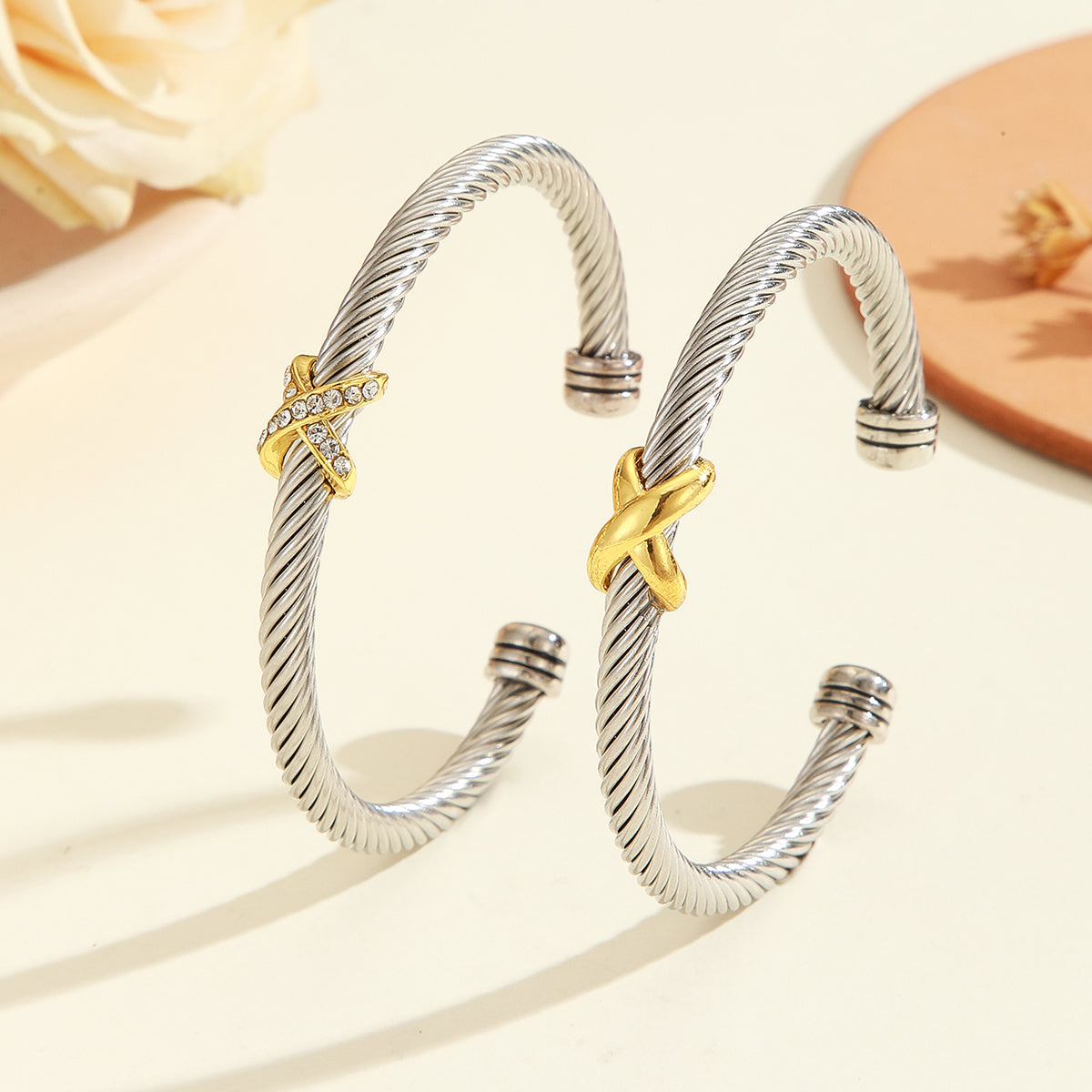 Stainless Steel Zircon Rope Bracelet | Gold & Silver Dual-Tone Unisex Bangle