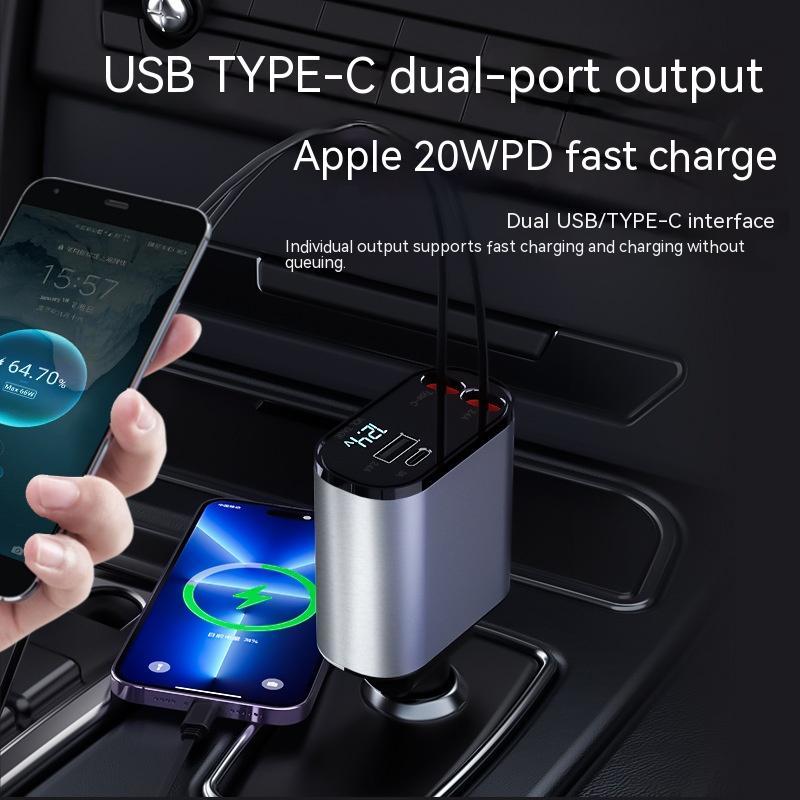 USB Type-C dual-port output device charging two smartphones with text on a black background