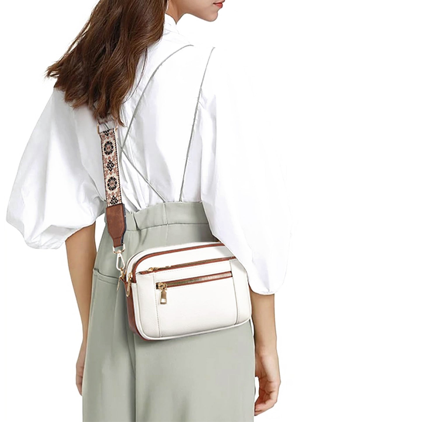 Floral Embroidered Crossbody Bag - Triple-Zip Colorblock Shoulder Bag for Women