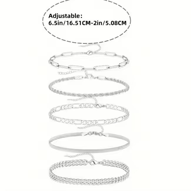 Set of silver chain necklaces with adjustable length measurement on a white background