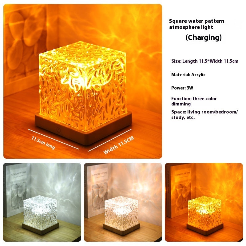 Square water pattern atmosphere light with charging feature, dimensions, material, power, and usage information.