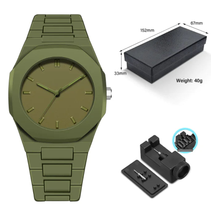 Green watch with packaging and accessories on a white background