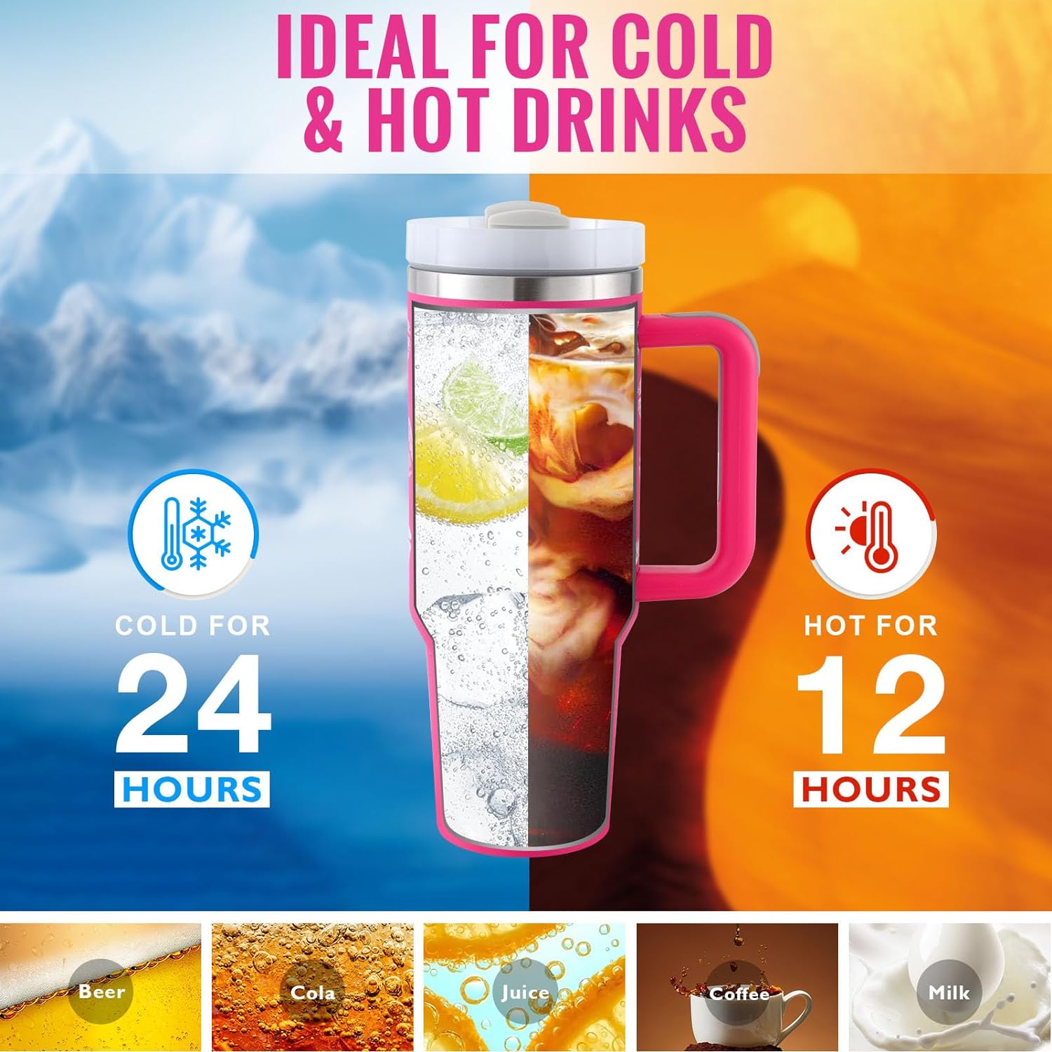 Thermos with pink handle showing its temperature retention capabilities for cold and hot drinks.