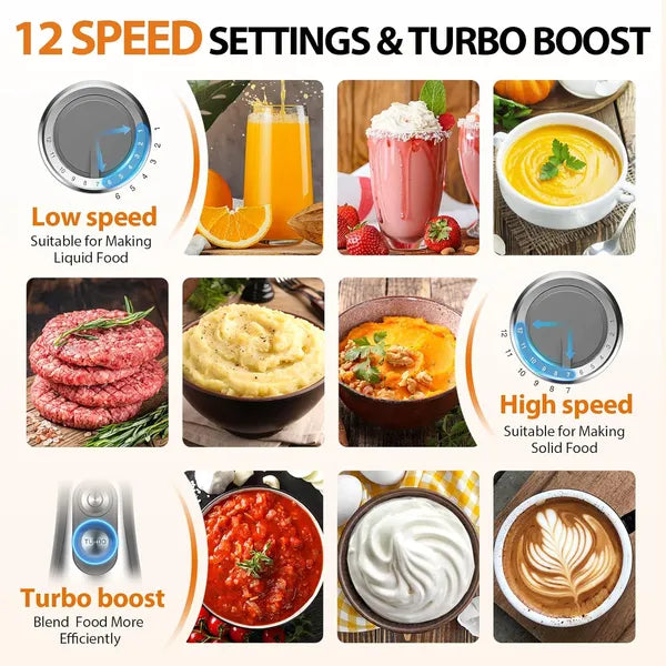 Product advertisement showcasing 12 speed settings and turbo boost feature with various food items.