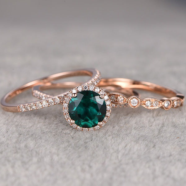 Rose Gold Emerald Ring Set - 3-Piece Engagement