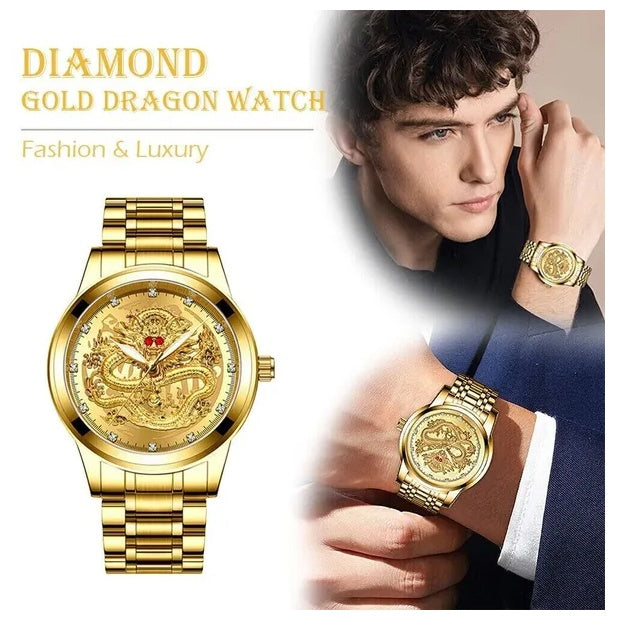 Gold dragon watch with a man wearing it, labeled 'Diamond Gold Dragon Watch' on a white background.