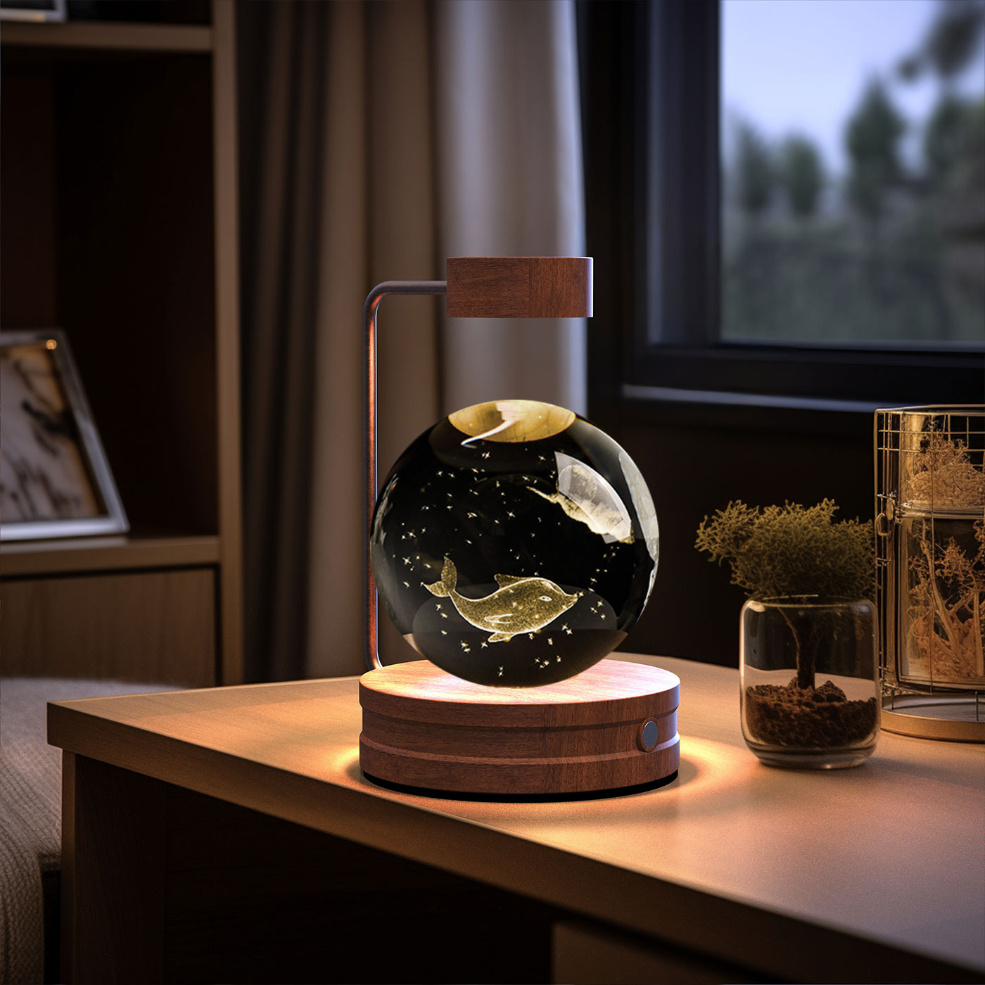 Decorative lamp with fish design on a wooden table in a room setting.