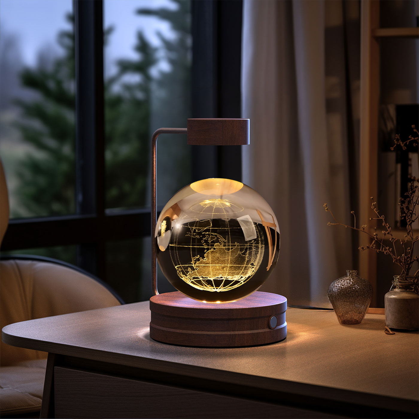 Glowing globe lamp on a table with a blurred indoor background