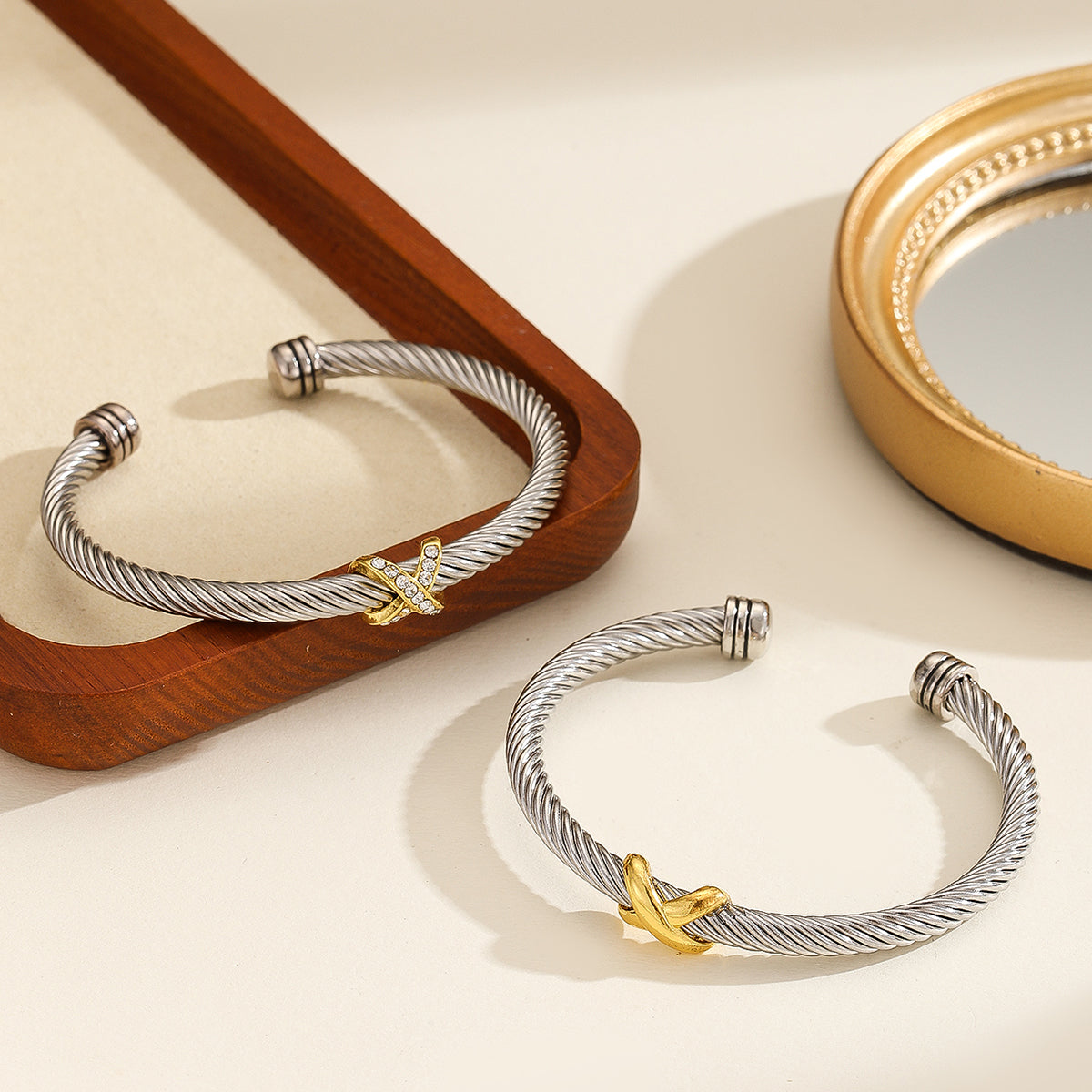 Stainless Steel Zircon Rope Bracelet | Gold & Silver Dual-Tone Unisex Bangle