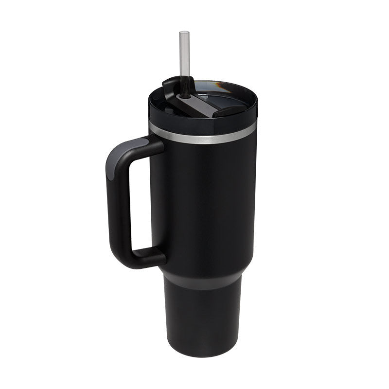 Black insulated mug with handle and straw on a white background