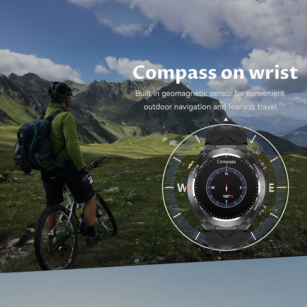 Person with a bicycle in a mountainous landscape with a compass on wrist feature highlighted.