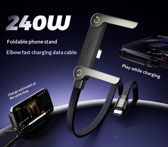 Foldable phone stand with elbow fast charging data cable on a dark background