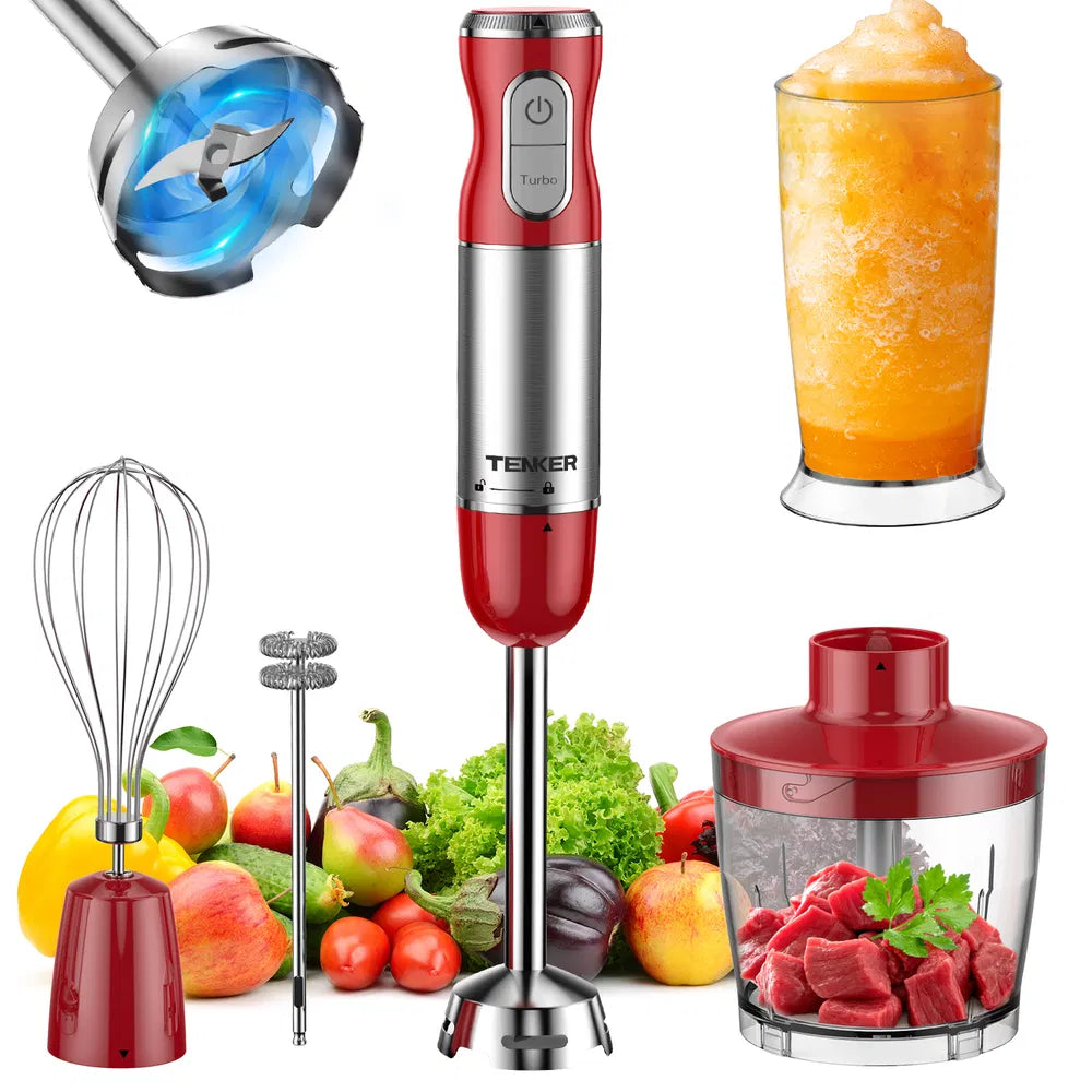 Red immersion blender with attachments and ingredients on a white background
