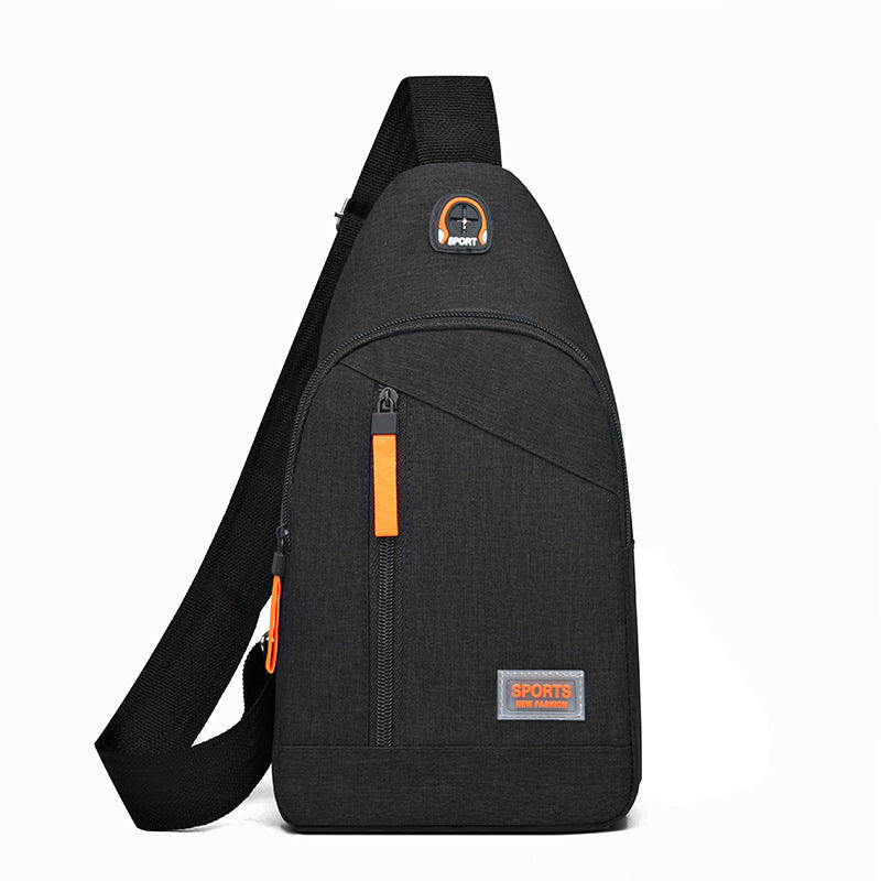 Black sling bag with orange accents on a white background
