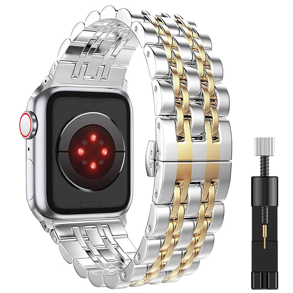 Metallic watch band with silver and gold options and a tool on a white background