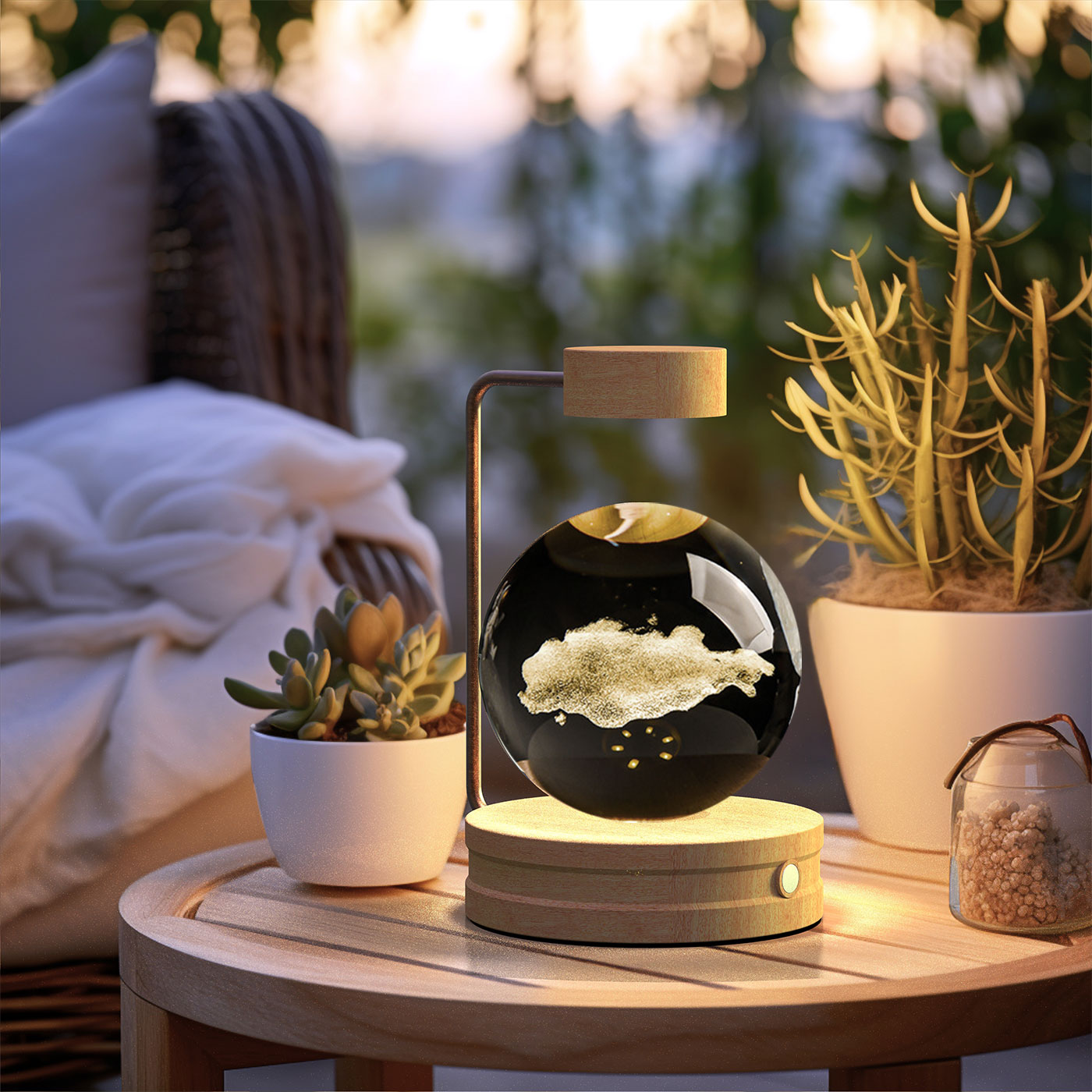 Levitating light on a wooden table with plants and outdoor furniture in the background