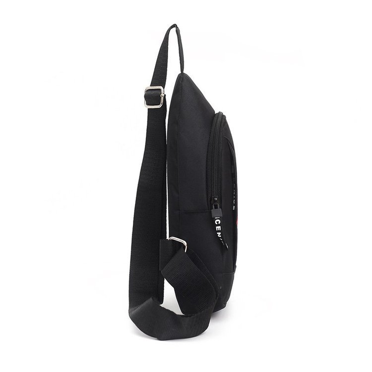 Black sling bag with a strap on a white background