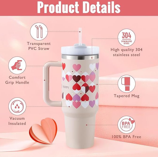 Tumbler with heart pattern on a pink background with product details.