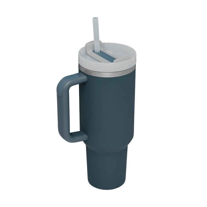 Blue mug with handle and white lid on a white background