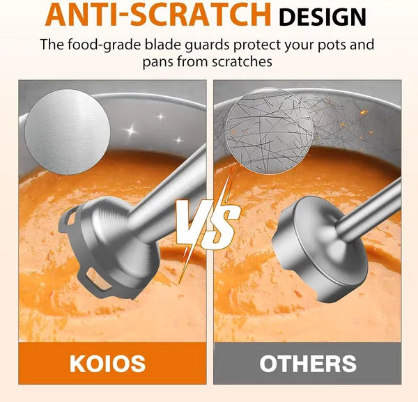 Comparison of KOIOS food-grade blade guards with 'Others' on a beige background.