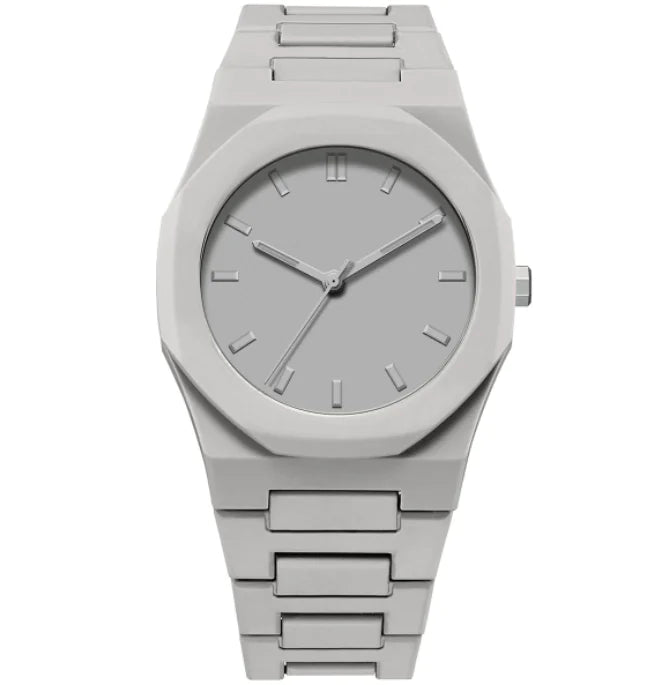 Gray wristwatch with a metal band on a white background