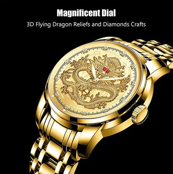 Gold wristwatch with dragon design and text on a black background