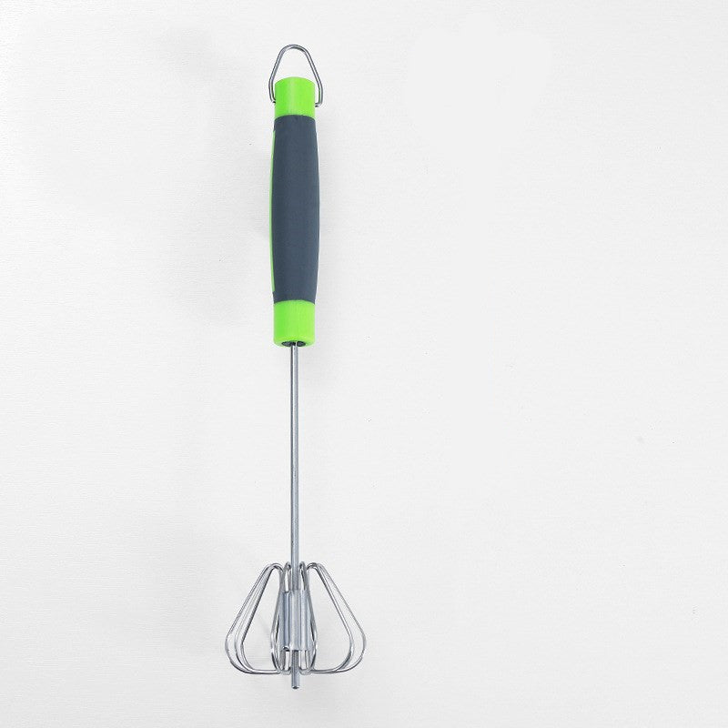 Metallic whisk with a gray handle featuring green accents on a white background