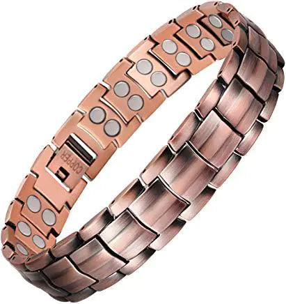 Rose gold metal bracelet with embedded magnets on a white background