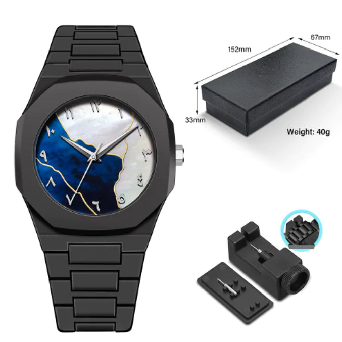 Black wristwatch with detailed design, packaging, and additional components on a white background