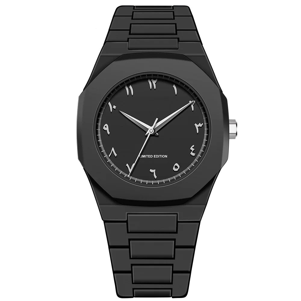 Black wristwatch with a minimalistic design on a white background