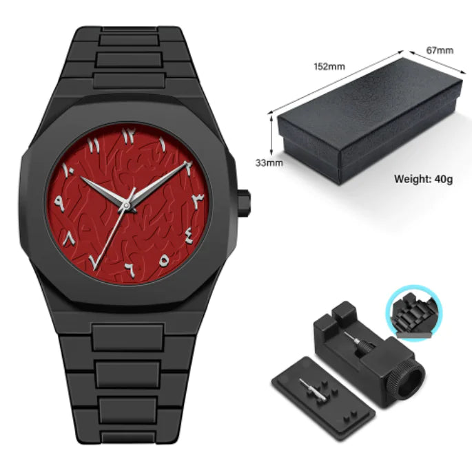 Black watch with red face, packaging, and additional components on a white background