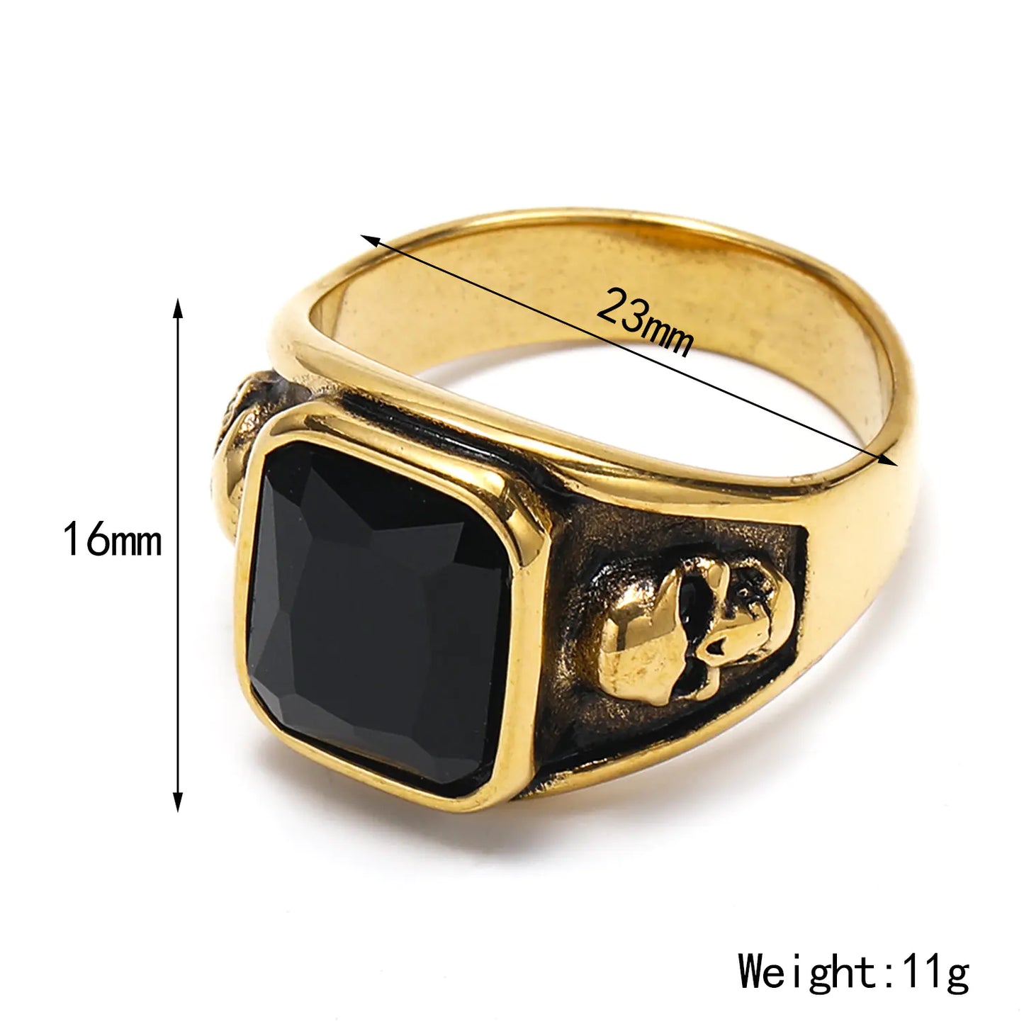 Gold ring with a black stone and measurements on a white background