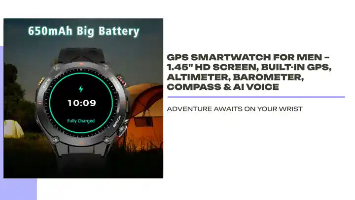 GPS Smartwatch for Men &ndash; 1.45" HD Screen, Built-In GPS, Altimeter, Barometer, Compass &amp; AI Voice by@Outfy