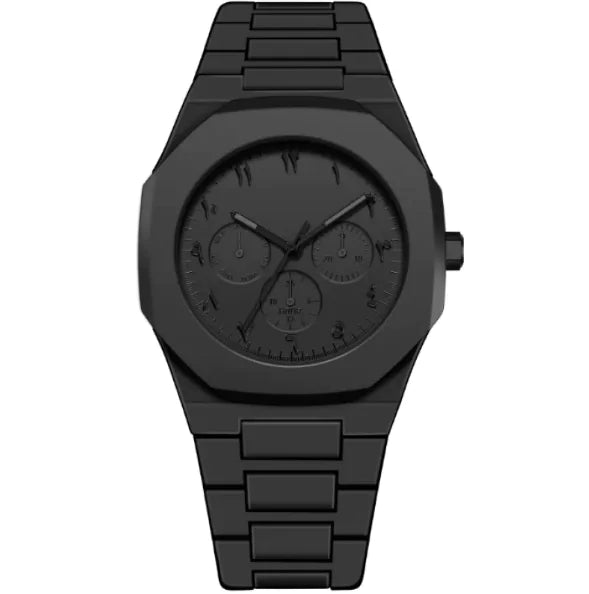 Black watch with a metal strap on a white background