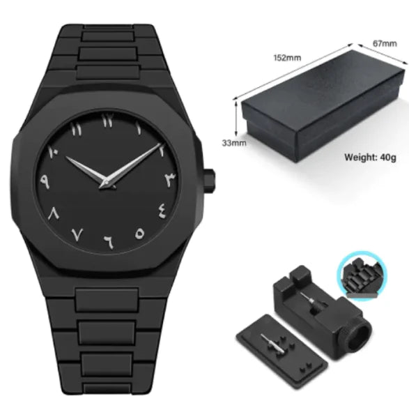 Black watch with metal band, packaging, and additional components on a white background