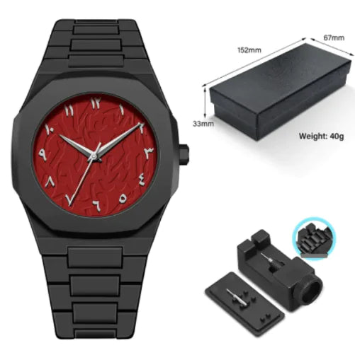 Black watch with red face, packaging, and additional components on a white background