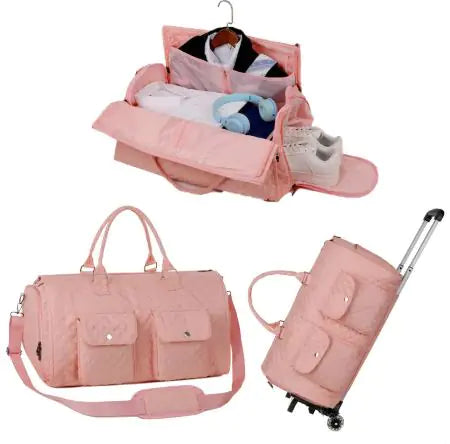 Set of pink travel bags including a duffel bag, rolling suitcase, and hanging organizer on a white background.