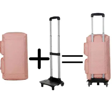Pink suitcase with a black rolling stand on a white background