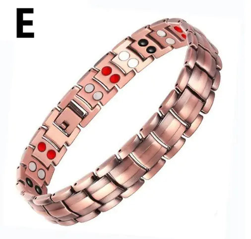 Rose gold bracelet with red and white accents on a white background