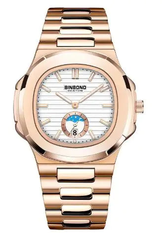 Rose gold watch with a white face and visible brand name on a white background