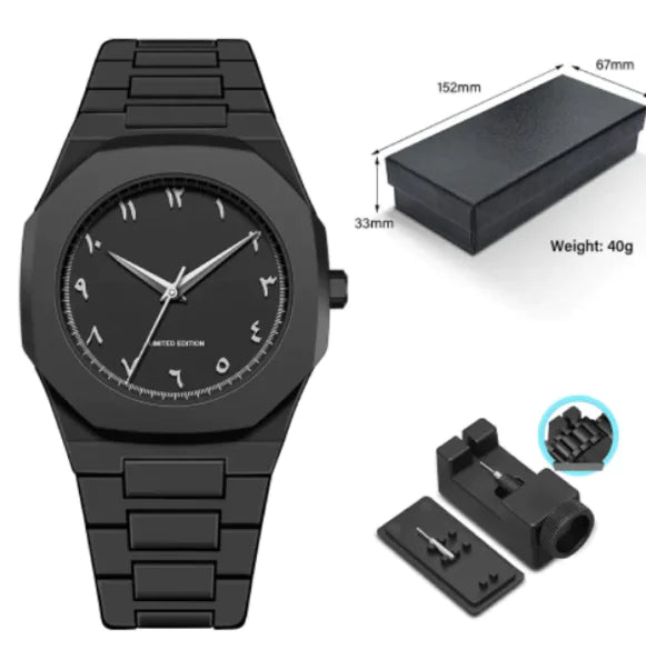 Black wristwatch with packaging and additional components on a white background
